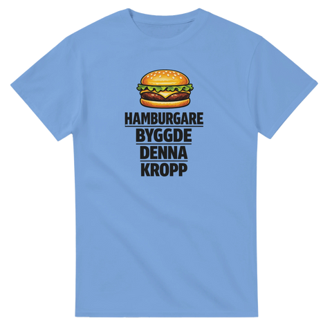 Rolig t-shirt för matälskare med hamburgare och kaxigt budskap på blå t-shirt
