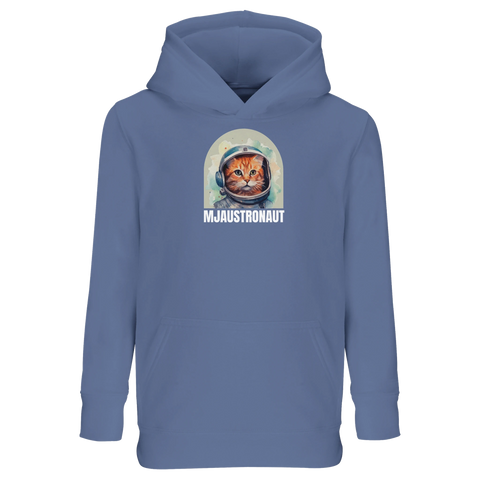 Ljusblå sweatshirt med huva och grafiskt tryck av en mjaustronaut