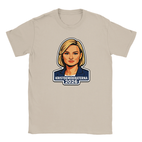 Illustrerad t-shirt med politiskt motiv av Ebba Busch i sandfärg