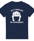 Satiriskt motiv med ordvits och retro tryck på mörkblå t-shirt