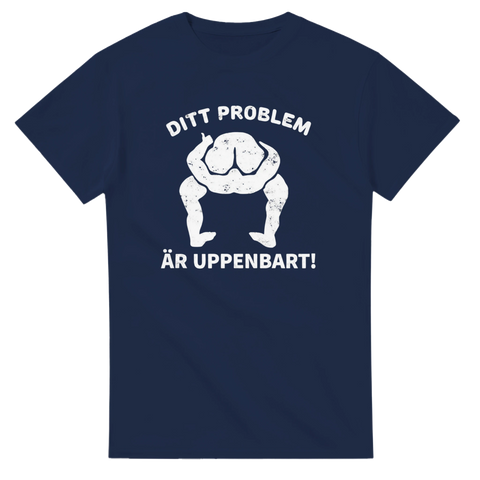 Satiriskt motiv med ordvits och retro tryck på mörkblå t-shirt