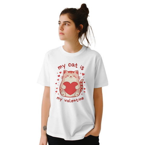 Kawaii rosa katt med ränder som håller ett rött hjärta, omgiven av små hjärtan och texten "my cat is my valentine" på en v...