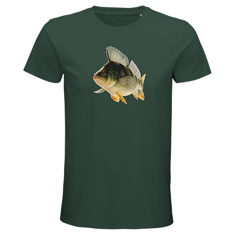Grön t-shirt med naturtrogen abborrillustration och konstnärligt tryck