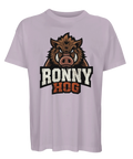 Tecknat vildsvin med texten "RONNY HOG" på lila ekologisk oversized t-shirt.