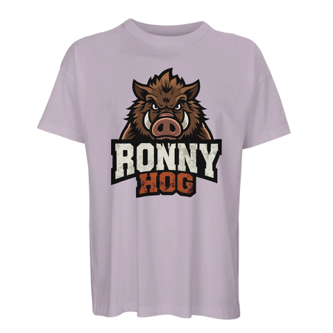 Tecknat vildsvin med texten "RONNY HOG" på lila ekologisk oversized t-shirt.