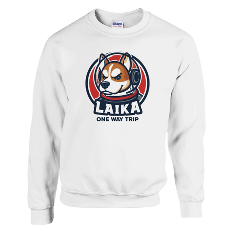 Grafisk illustration av rymdhunden Laika i astronaut hjälm – vit sweatshirt