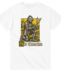 Detaljerad illustration av riddare i rustning med stor sax – humoristisk t-shirt