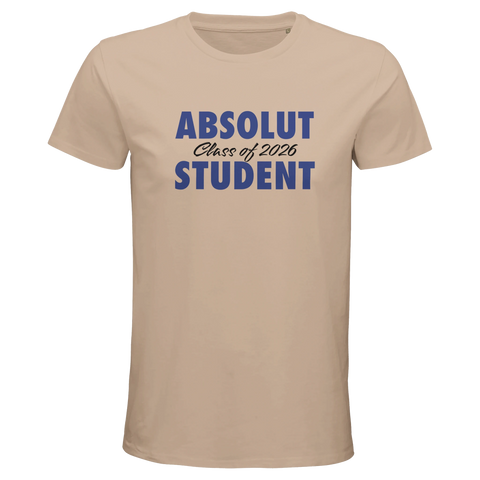 Absolut Student 2026-tryck i blått på beige premium T-shirt för herr.