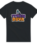 Roligt cartoon-motiv med texten Tyken Duva på svart t-shirt