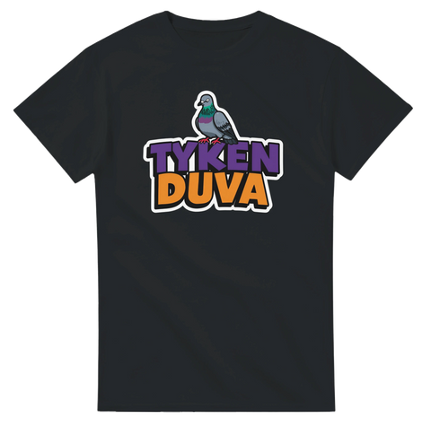 Roligt cartoon-motiv med texten Tyken Duva på svart t-shirt
