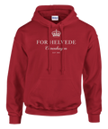 Vit krona och text ”For Helvede Copenhagen” på röd hoodie.