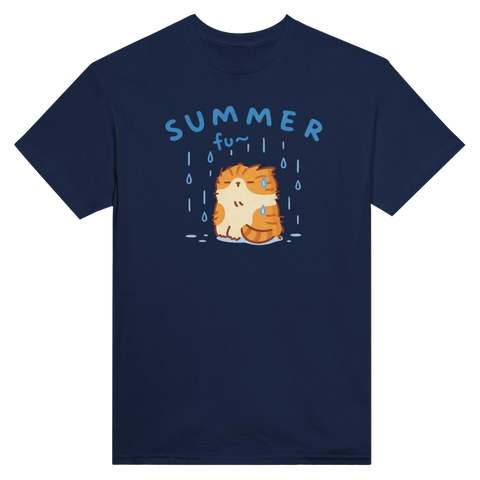 Sarkastiskt motiv av sur katt i sommarregn – marinblå t-shirt