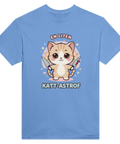 Blå t-shirt med roligt katt-tryck och texten En liten Katt-astrof