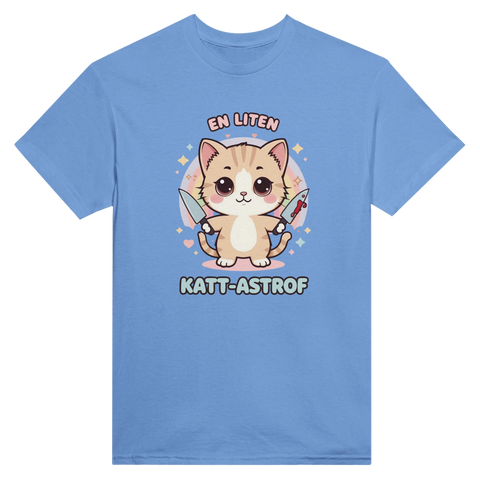 Blå t-shirt med roligt katt-tryck och texten En liten Katt-astrof