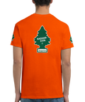 Orange t-shirt med provokativt raggarmotiv och skogsfrisk textdesign