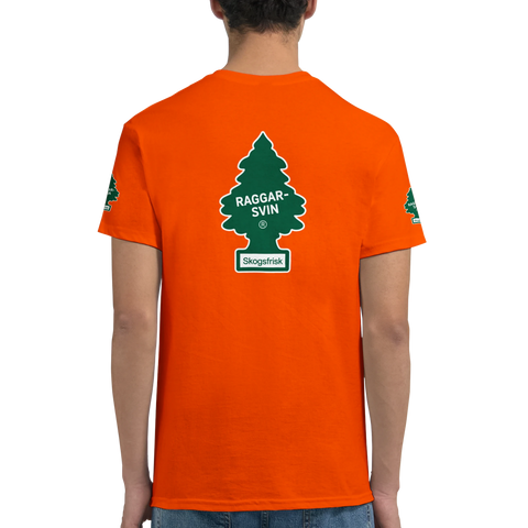 Orange t-shirt med provokativt raggarmotiv och skogsfrisk textdesign