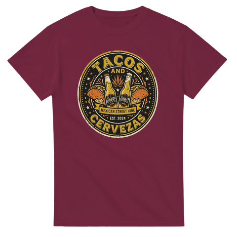 Cerveza och taco-design i varma toner på en mörkröd t-shirt