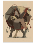 Abstrakt illustration i dova färger föreställande stiliserade figurer och former i en cirkulär komposition mot ljus bakgrund.