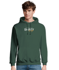 THE ORIGINAL SHIRTY Design" tryck i vitt och guld på mörkgrön hoodie med dragsko och magficka.