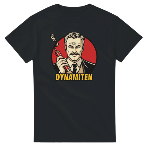 Pop art-tryck av man med mustasch, kostym, håller dynamit, text "DYNAMITEN", på svart t-shirt.