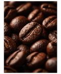 Närbild på mörkrostade kaffebönor med synlig textur och glansiga oljor i mjuk belysning.