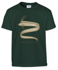 Vetenskaplig illustration av en sillkung på mörkgrön t-shirt för barn