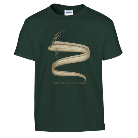 Vetenskaplig illustration av en sillkung på mörkgrön t-shirt för barn