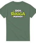 Grafisk illustration med texten Den roliga mannen på militärgrön t-shirt