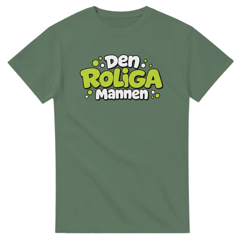 Grafisk illustration med texten Den roliga mannen på militärgrön t-shirt