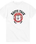 Retro cartoon-illustration av en glad kaffekopp med texten Kaffe Tack