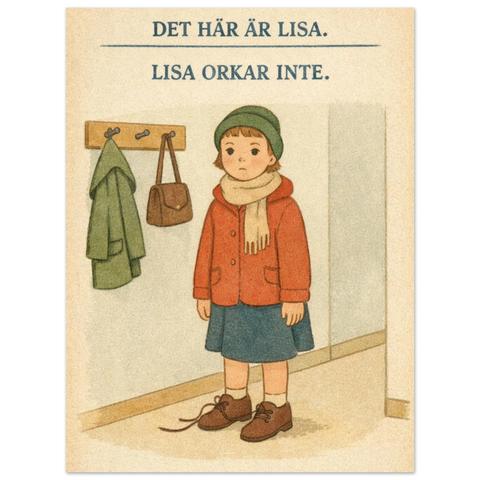 Närbild på en beige poster föreställande en flicka i en hall med klädhängare och text om brist på energi.