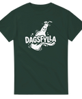 Grafisk illustration av en glad flaska med texten Dagsfylla – mörkgrön t-shirt
