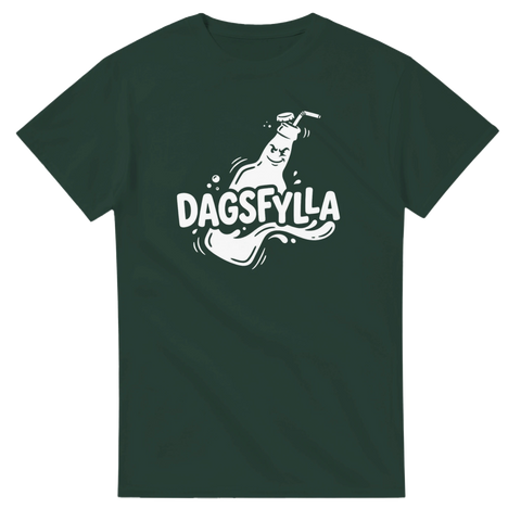 Grafisk illustration av en glad flaska med texten Dagsfylla – mörkgrön t-shirt