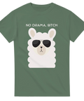 Lama med solglasögon och texten "NO DRAMA, BITCH" på grön T-shirt.