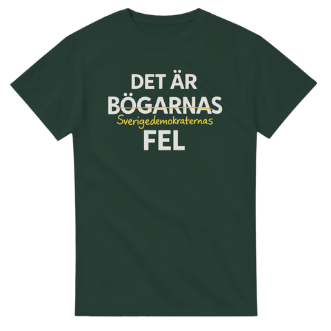 Grön t-shirt med humoristiskt tryck om Sverigedemokraterna och politisk satir