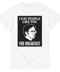 Vit t-shirt med provokativt porträtt och kaxigt textbudskap