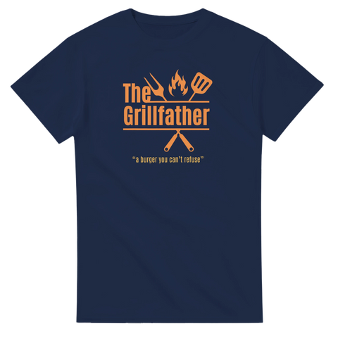 Marinblå t-shirt med grafiskt The Grillfather-motiv i orange