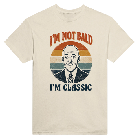 Klassisk cirkeldesign med text om håravfall – rolig t-shirt för män
