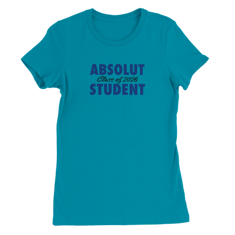 Absolut Student 2026-tryck i mörkblått på turkos premium dam T-shirt.
