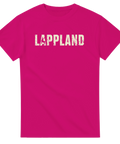 Lappland-tryck med ren-silhuett i sliten textstil på fuchsia t-shirt.