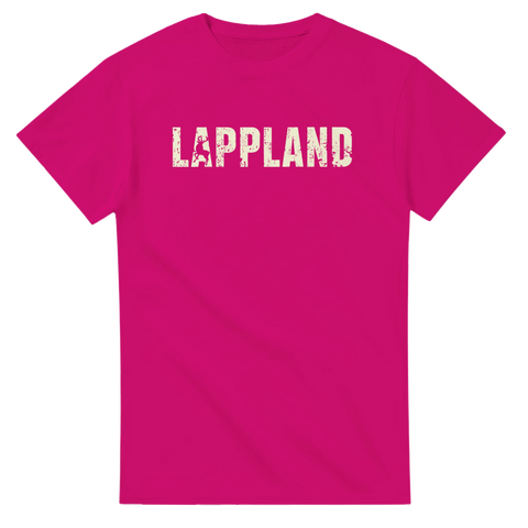 Lappland-tryck med ren-silhuett i sliten textstil på fuchsia t-shirt.