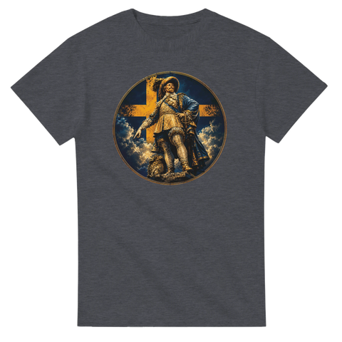 Vintage grafik av svensk kung på mörkgrå t-shirt