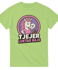 Ljusgrön t-shirt med satirisk enhörning och texten Tjejer luktar bajs