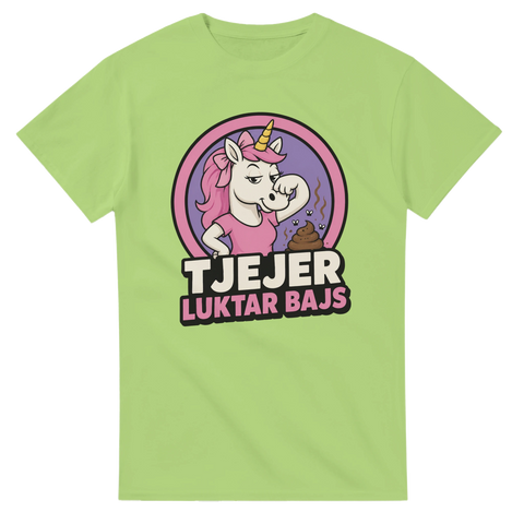 Ljusgrön t-shirt med satirisk enhörning och texten Tjejer luktar bajs