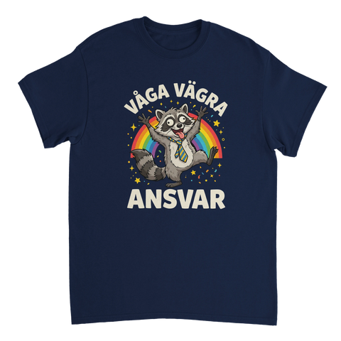 Färgglad regnbåge och sprallig tvättbjörn i tecknad stil – t-shirt med citat
