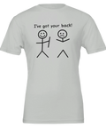 Svartvitt tryck med satirisk ordlek på ljusgrå t-shirt