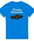 Pontiac Bonneville 1967 svart bil, vit text, på klarblå t-shirt.