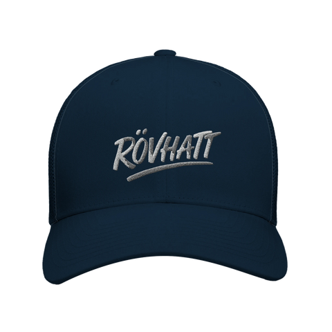 Broderad "RÖVHATT" i vit skrivstil på marinblå trucker keps med mesh.