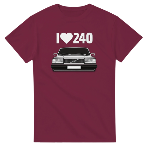 Retro t-shirt med ikonisk svensk bilfront på vinröd bakgrund