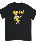 Svart t-shirt med gult texttryck och en banan-karaktär